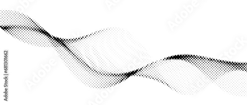 Halftone wave background. Dotted wind flowing shape wallpaper. Abstract wavy fluid backdrop texture. Curved liquid line element for poster, banner, overlay, card, brochure, flyer, booklet. Vector