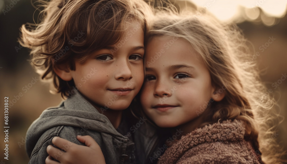 Two cheerful Caucasian siblings embracing in nature, smiling toothy smiles generated by AI Two cheerful Caucasian siblings embracing in nature, smiling toothy smiles generated by AI