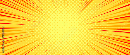 Yellow orange radial dotted comic background. Speed lines wallpaper with pop art halftone texture. Anime cartoon rays explosion backdrop for poster, banner, print, magazine, flyer. Vector illustration