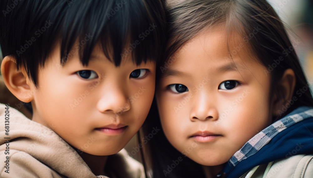 Two cute Chinese siblings smiling outdoors, embracing nature with care generated by AI Two cute Chinese siblings smiling outdoors, embracing nature with care generated by AI