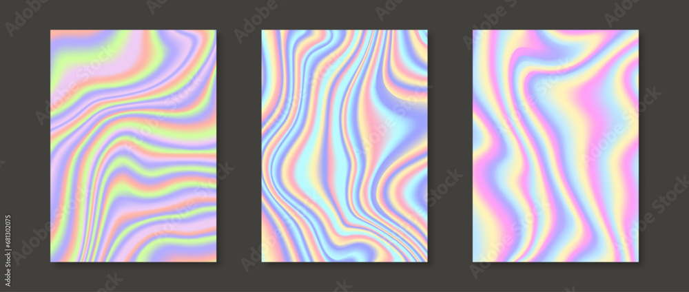 Holographic backgrounds set. Rainbow fluid gradient wallpaper collection for card, brochure, flyer, poster, banner, booklet. Foil iridescent liquid backdrop bundles. Vector pastel templates pack