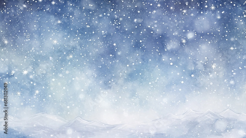 abstract watercolor background snowfall, christmas view blurred blizzard light blue snowflakes on a white city background © kichigin19