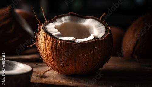 Ripe coconut fruit, tough husk, hairy shell, fresh tropical drink generated by AI photo