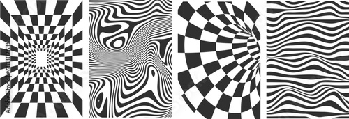 Set of black and white shapes, backgrounds with wave pattern. Templates for banner, cover, poster, postcard. Abstract black and white curved patterns isolated on white background. Optical 3D art