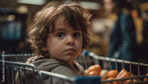 Smiling toddler chooses healthy groceries while sitting in shopping cart generated by AI