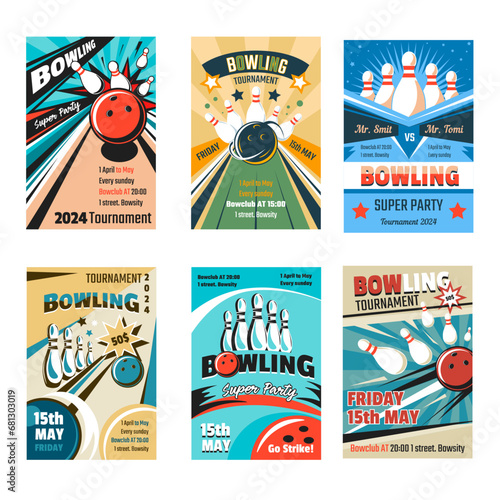Bowling party, tournaments posters with lanes