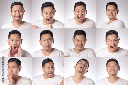 Funny Asian male with various face expressions, happy, smile, laugh, angry, hurt, crying