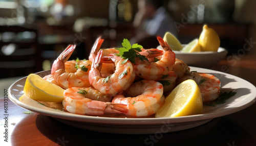 Grilled seafood plate with prawn, scampi, and lemon garnish generated by AI photo