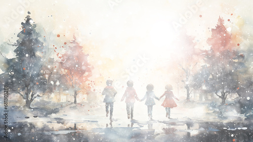 blurred white snowy abstract background, watercolor illustration children dance around a Christmas tree, holiday postcard