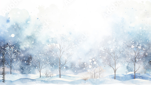 winter postcard blank form watercolor drawing  landscape in blue tones  covered with snow  snowfall in light blue tones abstract blurred background
