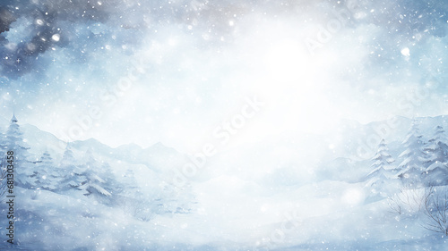 winter postcard blank form watercolor drawing, landscape in blue tones, covered with snow, snowfall in light blue tones abstract blurred background