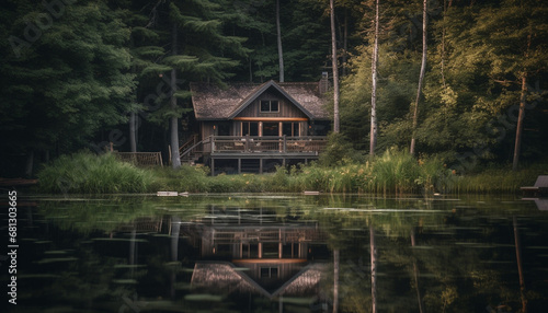 Tranquil scene of old boathouse reflects green forest and pine trees generated by AI