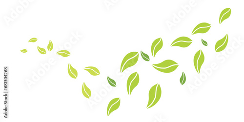 green wave with flying leaves shilhouettes icons. landscape