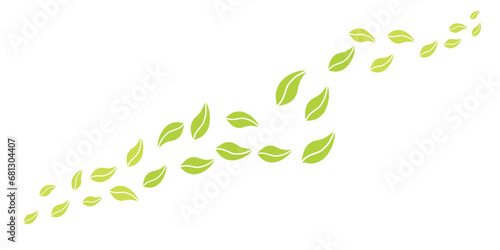 green wave with flying leaves shilhouettes icons. landscape photo