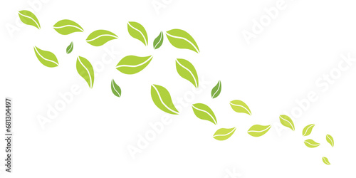 green wave with flying leaves shilhouettes icons. landscape