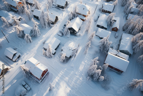 erial shot of a winter village covered in snow photo