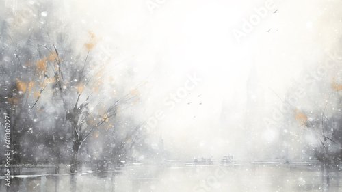 white blurred background snowfall, snowflakes falling, blizzard, watercolor image light abstract copy space blank winter greeting postcard