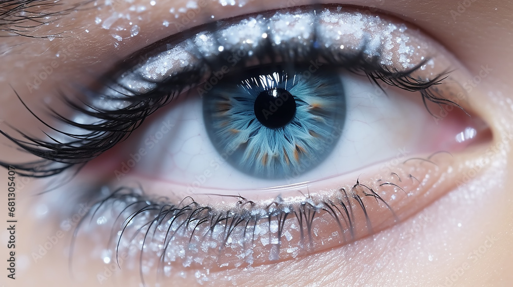 macro eye, winter vision, frost on eyelashes winter makeup