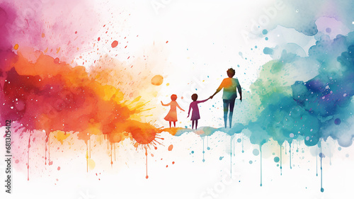 watercolor spots of freedom multicolored ink on a white background, silhouette of group people, idea creativity, friendship family training
