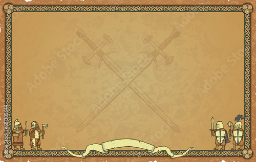 Wide Parchment with Knot Frame, Warriors, Banner, Crossed Swords