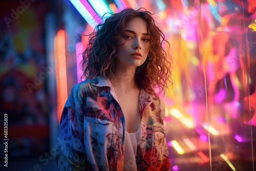 portrait of woman in neon with rainbow lights and purple wall behind her