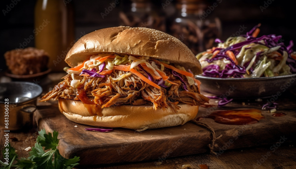 Grilled pulled pork sandwich with coleslaw, ready to eat and savory generated by AI Grilled pulled pork sandwich with coleslaw, ready to eat and savory generated by AI