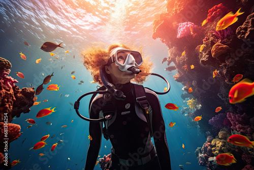 Wallpaper Mural Scuba diver woman swimming in the under water sea