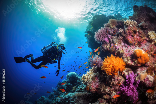 Scuba diver woman swimming in the under water sea photo