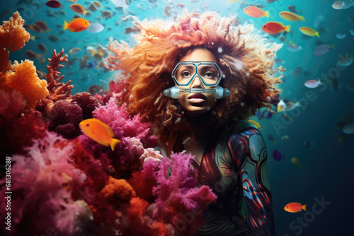 Scuba diver woman swimming in the under water sea