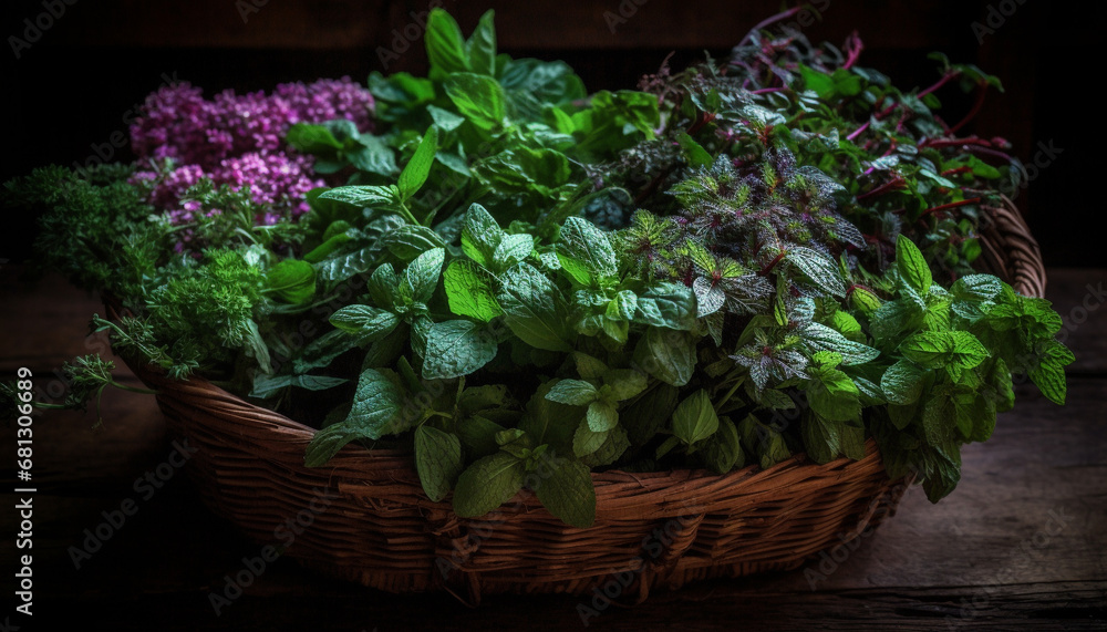 Fresh organic vegetable salad in a rustic wooden basket outdoors generated by AI Fresh organic vegetable salad in a rustic wooden basket outdoors generated by AI