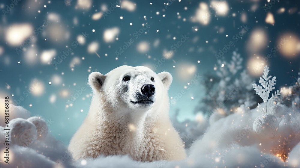 polar bear on Christmas background with lights and blurred bokeh, happy new year letterhead with copy space polar bear on Christmas background with lights and blurred bokeh, happy new year letterhead with copy space