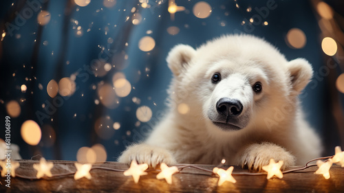 polar bear on Christmas background with lights and blurred bokeh, happy new year letterhead with copy space