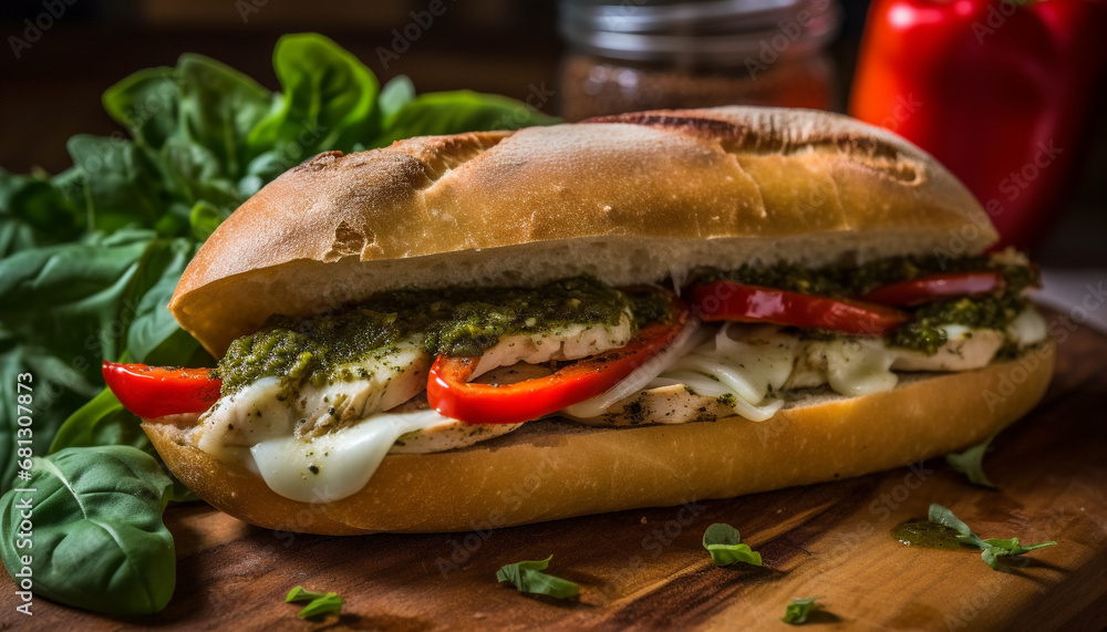 Grilled beef ciabatta sandwich with fresh vegetables and melted cheese generated by AI