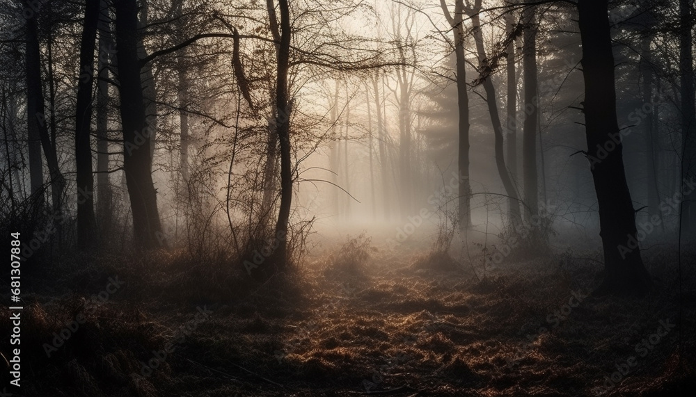 Fototapeta premium A spooky forest in autumn, mystery and beauty in nature generated by AI