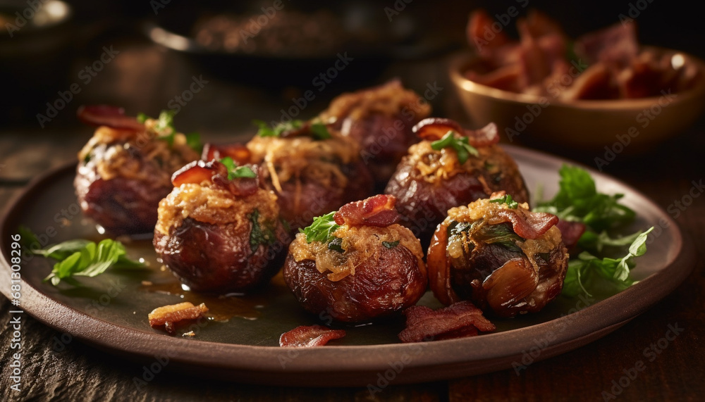 Grilled pork and vegetable plate, a rustic gourmet lunch meal generated by AI Grilled pork and vegetable plate, a rustic gourmet lunch meal generated by AI