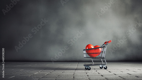 black friday background with copy space, shopping cart and heart-shaped symbols, love concept and gifts on sale, red heart photo
