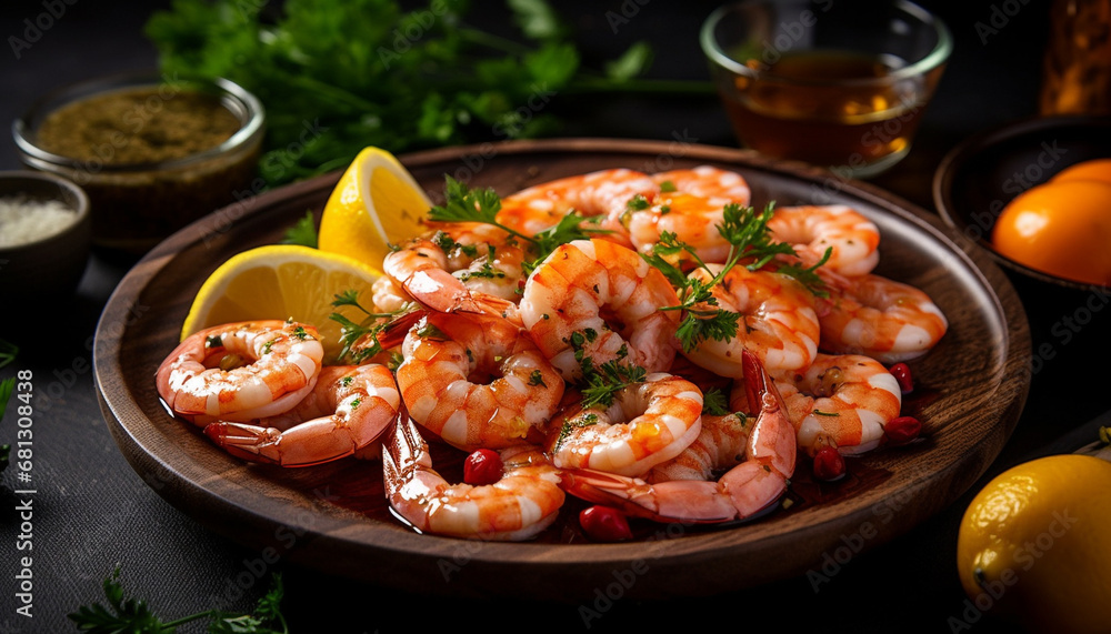 Grilled tiger prawn skewer with fresh organic vegetable appetizer generated by AI Grilled tiger prawn skewer with fresh organic vegetable appetizer generated by AI