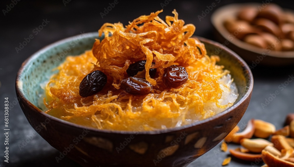 Healthy eating Fresh fruit and nuts in a wooden bowl generated by AI Healthy eating Fresh fruit and nuts in a wooden bowl generated by AI