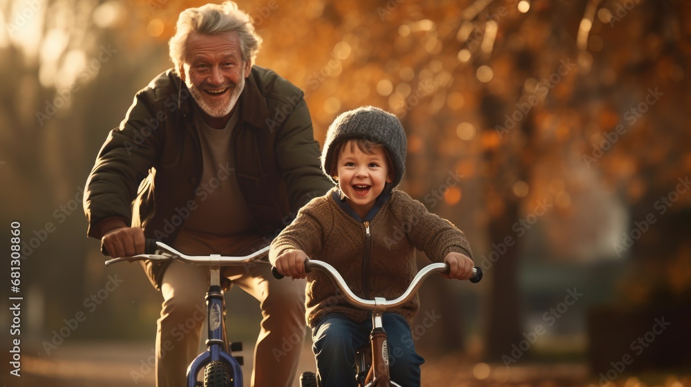 Happy old parent teaching a child how to ride a bicycle. - obrazy, fototapety, plakaty 