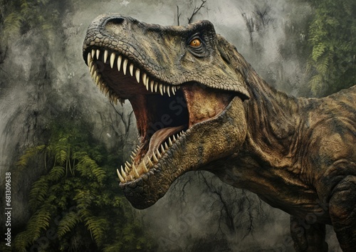 Roaring Tyrannosaurus Rex in a Dense, Ancient Forest with Sunlight Streaming Through the Trees