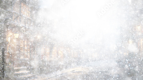 white snowfall design background, illustration christmas background, small abstract houses in heavy snowfall, blurry winter view of snow falling
