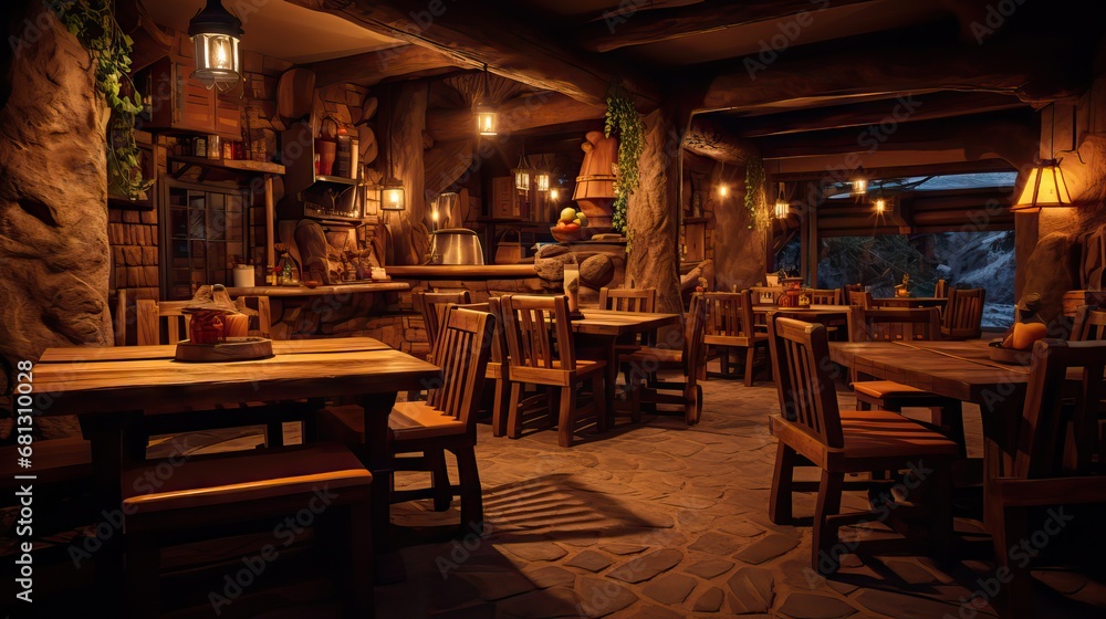 A cozy, rustic restaurant interior with wooden tables and warm lighting. --ar 16:9 --v 5.2 Job ID: c4d66597-1a00-4a24-86d7-4f6837863cd7
