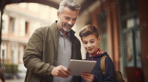 A father explains something to his son with tablet.  photo