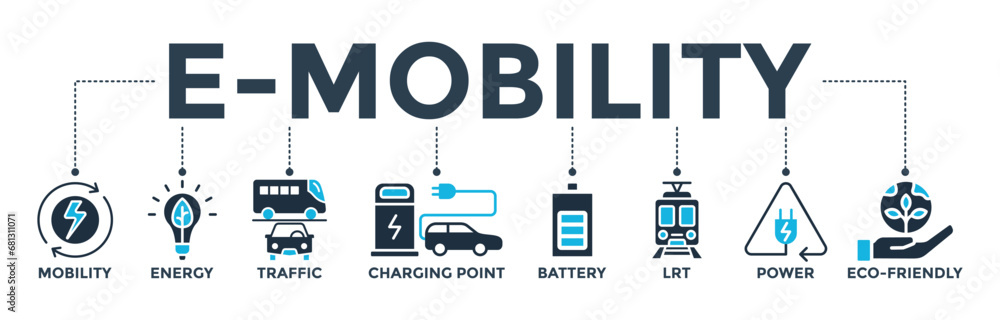 E-mobility banner web icon vector illustration concept with icon of mobility, energy, traffic, charging point, battery, LRT, power and eco-friendly E-mobility banner web icon vector illustration concept with icon of mobility, energy, traffic, charging point, battery, LRT, power and eco-friendly