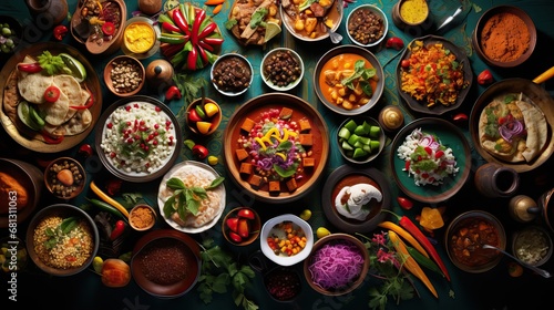 A series of exotic food dishes, full of colors and flavors due to their unique ingredients and spices from around the world, Generative AI.