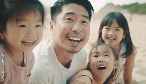 Happy family of six enjoying summer vacation in nature together generated by AI