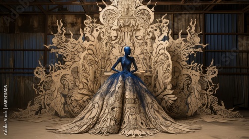 A Woman in a Blue Dress Standing in Front of a Giant Throne