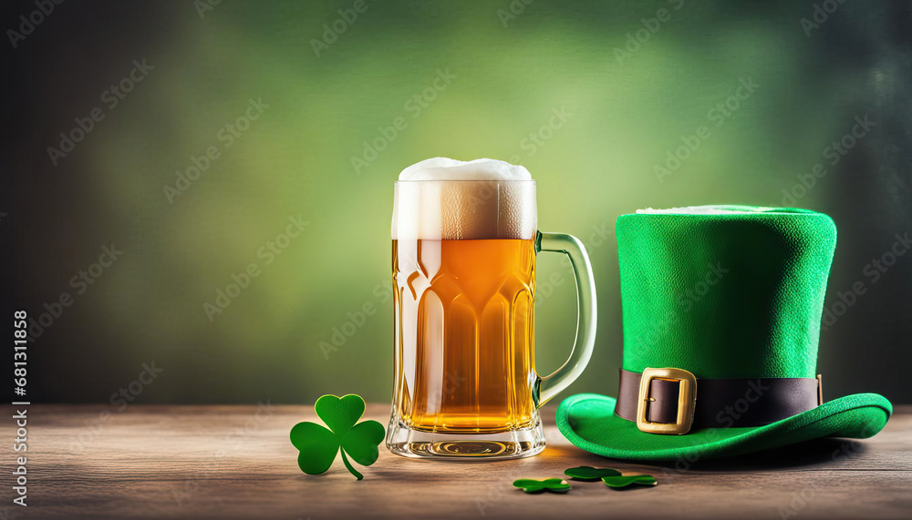 Fresh beer and green hat with lucky clover with copy space St Patrick's day card - obrazy, fototapety, plakaty 