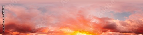 Sunset sky panorama with bright glowing pink Cumulus clouds. HDR 360 seamless spherical panorama. Full zenith or sky dome for 3D visualization, sky replacement for aerial drone panoramas.