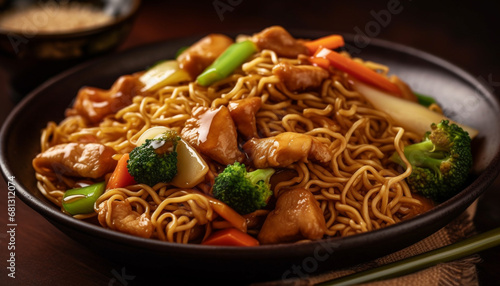 Stir fried Chinese food on plate with chopsticks, high angle view generated by AI